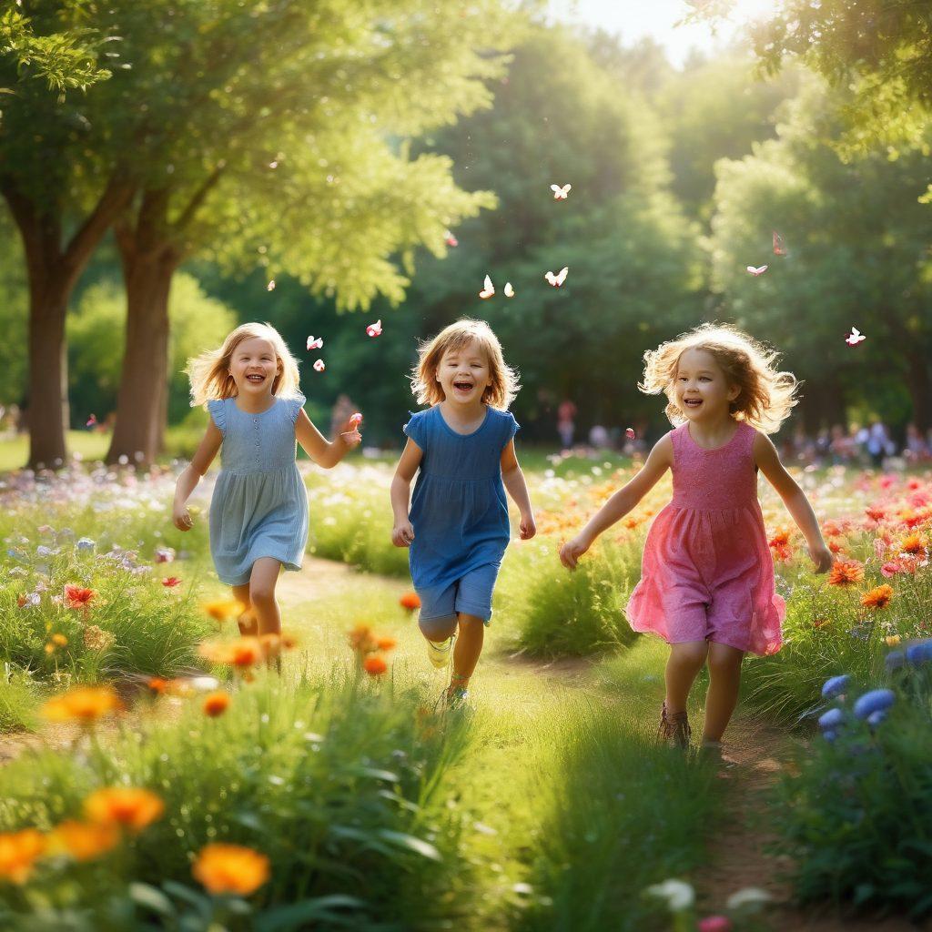 A heartwarming scene of children playing in a sunlit park, capturing their laughter and joy as they chase butterflies, surrounded by blooming flowers. A photographer is in the foreground, skillfully framing the perfect shot, with soft focus on the children in action. Bright, vibrant colors emphasize the playful atmosphere. super-realistic. vibrant colors. soft focus.