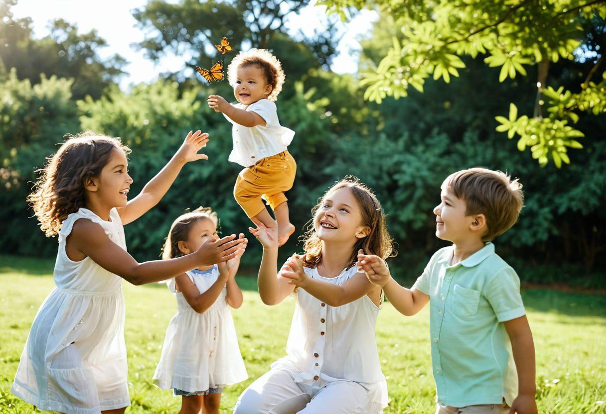 A joyful family in a bright, sunlit park, surrounded by playful children laughing and interacting with each other. Capture candid moments of a toddler reaching out to a butterfly, siblings embracing, and a parent snapping photos. The scene should convey warmth, happiness, and togetherness, showcasing the beauty of children's spontaneity. lush greenery in the background, with soft sunlight filtering through the leaves. super-realistic. vibrant colors.