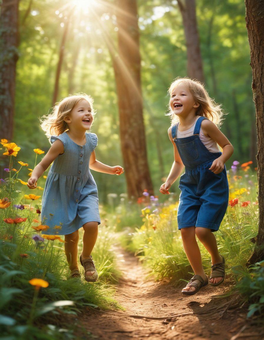 A joyful scene of children playing in a sunlit forest, capturing their laughter and innocence. The kids are exploring nature, picking flowers, and climbing trees, surrounded by vibrant greenery and colorful wildflowers. A soft, dreamy focus enhances their expressions of happiness, while sunlight filters through the leaves creating a magical atmosphere. super-realistic. vibrant colors. soft focus.